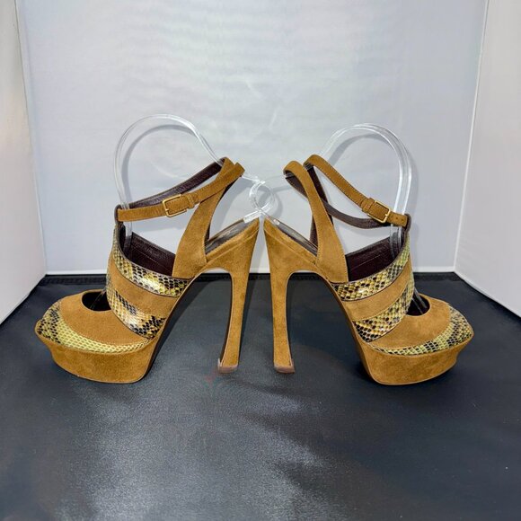 YVES SAINT LAURENT SNAKESKIN AND SUEDE PEEP-TOE SANDALS - Picture 6 of 8